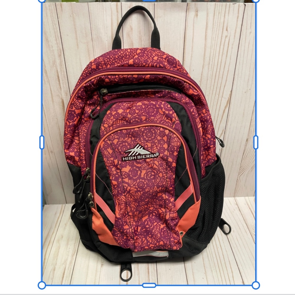 High Sierra Travel Backpack Orange Black Floral Print Compartment Padded Pocket